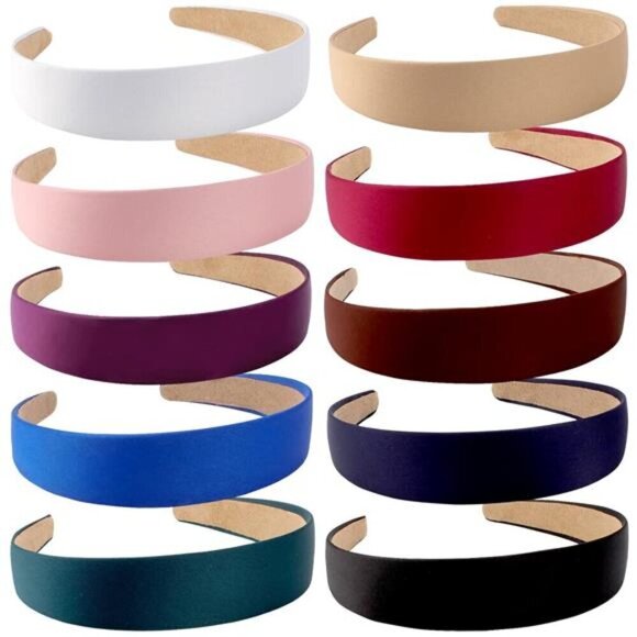 Boutique Accessories - 10 Pack Satin Headbands 1.3 Inch Wide Red White Black Pink Purple Headband